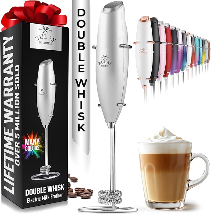 Zulay Kitchen Powerful Double Whisk Milk Frother Handheld - Foam Maker With Stand - Whisk Drink Mixer for Coffee, Mini Foamer for Latte, Matcha, Frappe, Hot Chocolate & Cappuccino (Silver)