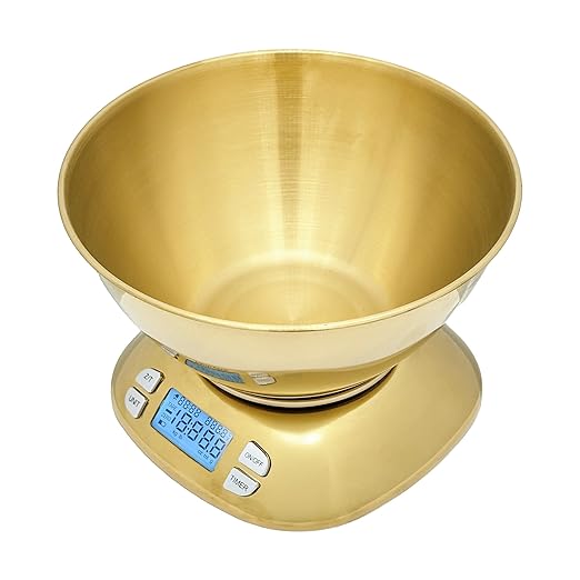 Stainless Steel Digital Kitchen Scale w. Bowl - for Food Coffee Lab - LCD Display gram Ounces lb:oz lb ml - 12 LBS/5.5 KG Capacity - Battery Included - Gold by The Display Guys