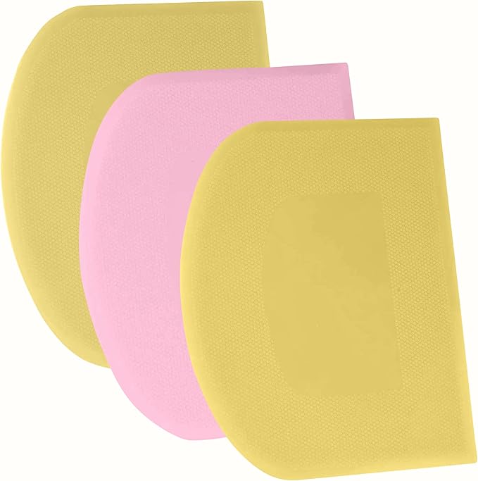SURDOCA Dough Scraper Bench Scraper - 3P 7.1x4.9" Plastic Flexible Bowl Scraper, Sharp Edge & Angles Cake Scraper. Non-Slip Bakeware Decorating Tools Sculpting & Modeling Tools - Yellow+Pink+Yellow