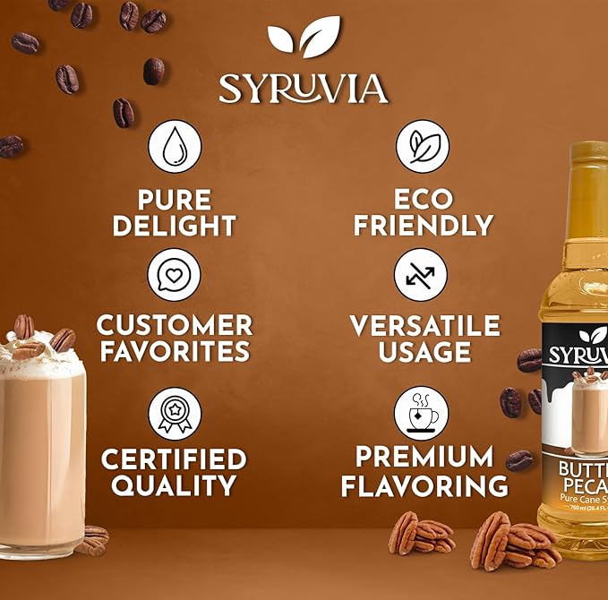 Syruvia Glazed Donut & Butter Pecan Coffee Syrup - 25.4 fl oz Premium Coffee Flavoring Syrup. No Coloring, Kosher, and Gluten-Free. Perfect for Drinks, Sodas, Shakes, Desserts, & More.