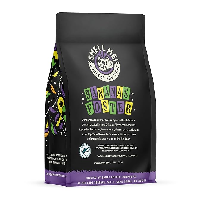 Bones Coffee Company Bananas Foster, Banana, Rum and Vanilla Flavored Coffee, Medium Roast Low Acid Arabica Beans Compatible with Auto drip and French Press Coffee Maker, 12 Oz Ground