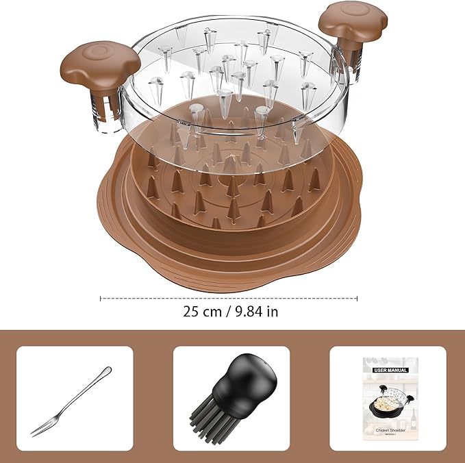 Chicken Shredder Large Chicken Breast Shredder Tool Twist with Brush&Fork, Visible Meat Shredder Machine, Anti-Slip Strip, Ergonomic Handle, BPA Free, Suitable for Pork Beef Chicken(Brown)