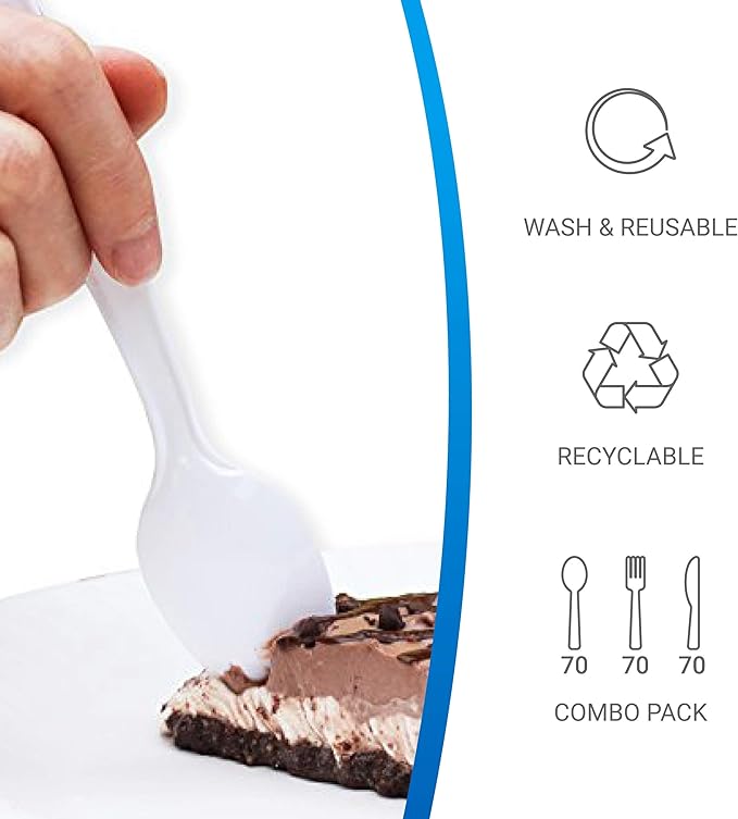 EDI [210 Piece] White Disposable Plastic Cutlery Set, Assorted - 70 Forks, 70 Knives, 70 Spoons | Extra Durable