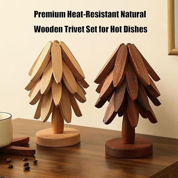Natural Wood Tree Trivet Set, 𝐍atural Tree Trivet Set - 4 Wooden Trivets,4 Wooden 𝐓rivets & 1 Stand Like a Christmas Trees,for Hot Dish,Pot,Bowl,Teapot,Hot Pot Sets (2Color 4 Trivets,2set)