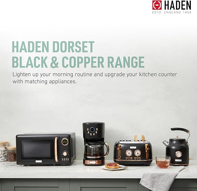 Haden Dorset 4 Slice Wide Slot Stainless Steel Toaster with Adjustable Browning Control & Non-Slip Feet, Black & Copper