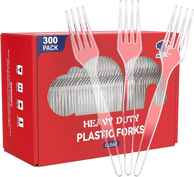 JOLLY CHEF [300 Count] Clear Plastic Forks,Heavy Duty Disposable Forks Plastic Utensils Perfect for Home, School, Party, Restaurant, Thanksgiving or Daily use