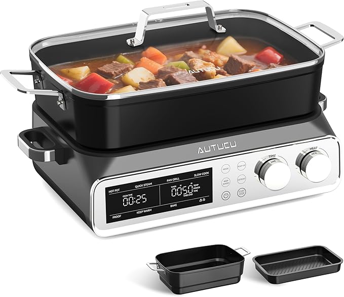 N21NA Pro Slow Cooker 10 Quart, 8-in-1 Programmable PFOA-Free Ceramic Coated Multi-Cooker with Grill Pan, Steaming Plate (Includes Silicone Spoon & Tongs)
