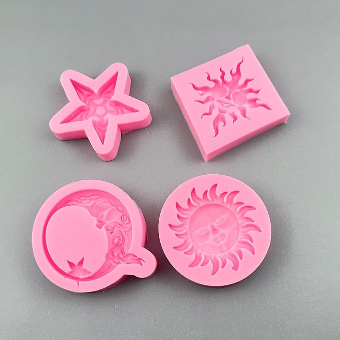 Greek Sun God Fondant Molds 4pcs, Moon Star Cake Decorating Silicone Molds, Chocolate Candy Clay Molds for Cupcake Toppers, Resin Crafts, Modeling Clay, Candles, Marzipan, Cookies, Dough, Flower Paste