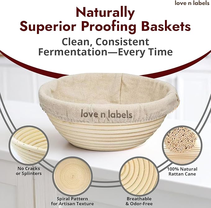 Banneton Bread Proofing Basket Set | 9" Round & 10" Oval Sourdough Proofing Baskets with Linen Liners | Natural Rattan Banneton Baskets for Bread Baking | Includes Sourdough Tools