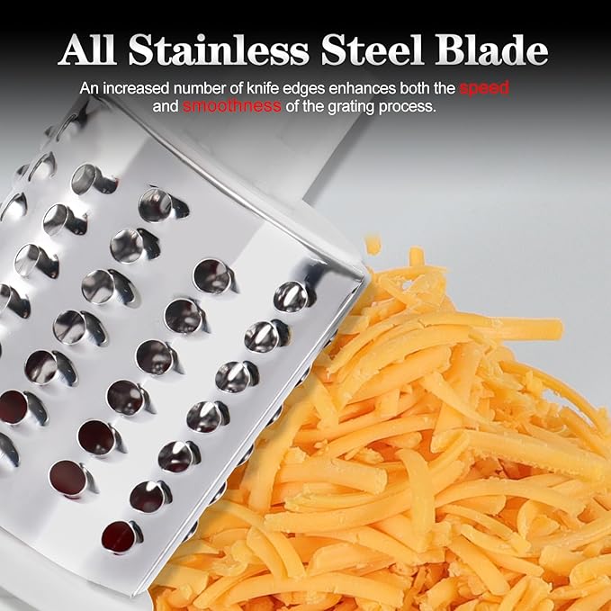 Ourokhome Rotary Cheese Grater Hand Crank, Kitchen Shredder Speed Mandolin Slicer Nut Grinder with Handle and Drum Blades for Cheese, Vegetable, Walnut, Chocolate, Potato, Carrot, 3 Blades, Emerald