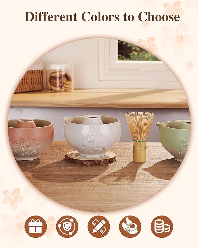 ZENS Matcha Whisk Set, Ceramic Matcha Set Includes 15oz Sakura Bowl, Bamboo Whisk & Chasen Holder, Scoop & Sifter-Tea Towel, 6pcs Matcha Kit for Matcha Lovers, White