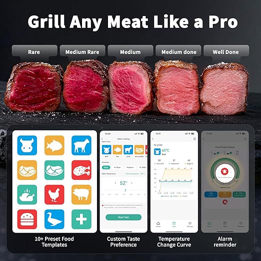 Smart Bluetooth Wireless Meat Thermometer, Standalone Display Base, Digital Meat Thermometer with App Control, 500FT Wireless Range for BBQ, Grill, Oven, Smoker, Air Fryer Needs
