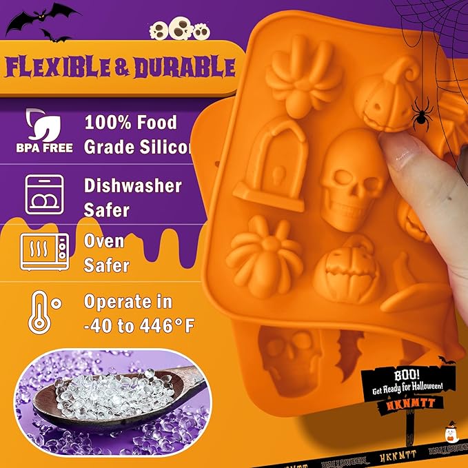 Halloween Molds Silicone for Chocolate 3 Pack, 3D Halloween Chocolate Candy Gummy Mold Skull Pumpkin Bat Ghost Witch Hat Spider tombstone Shapes Mold