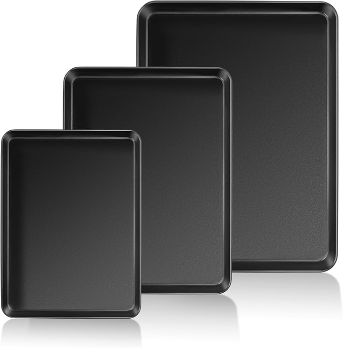 E-far Cookie Baking Sheet Set of 3, Nonstick Metal Sheets Pans Jellyroll Trays for Oven, Large/Medium/Small (16/12.4/10.4”) No-toxic Rectangle Bakeware for Baking Cake Bread, Easy Clean