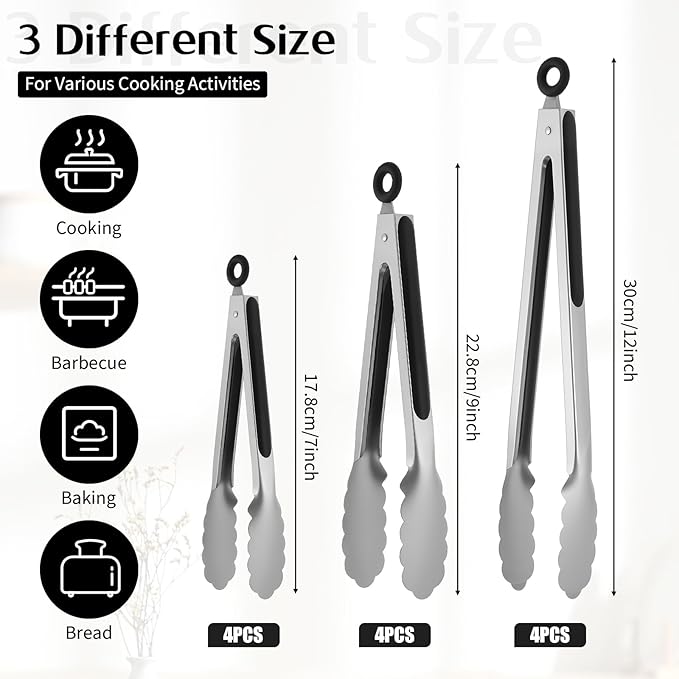 12 Pcs Stainless Steel Kitchen Tongs, 7/9/12 Inches Heat Resistant Cooking Tongs Heavy Duty Metal Locking Tong Non-Slip Metal Food Tong for Cooking Food Grill Salad BBQ