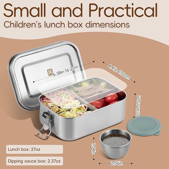 GOLDEN KEY Stainless Steel Bento Box for Kids,BPA Free Lunch Box for Kids with Leakproof Condiment Container,3 Compartment Bento box for School and Eating Out,Freezer & Dishwasher Safe(Green)