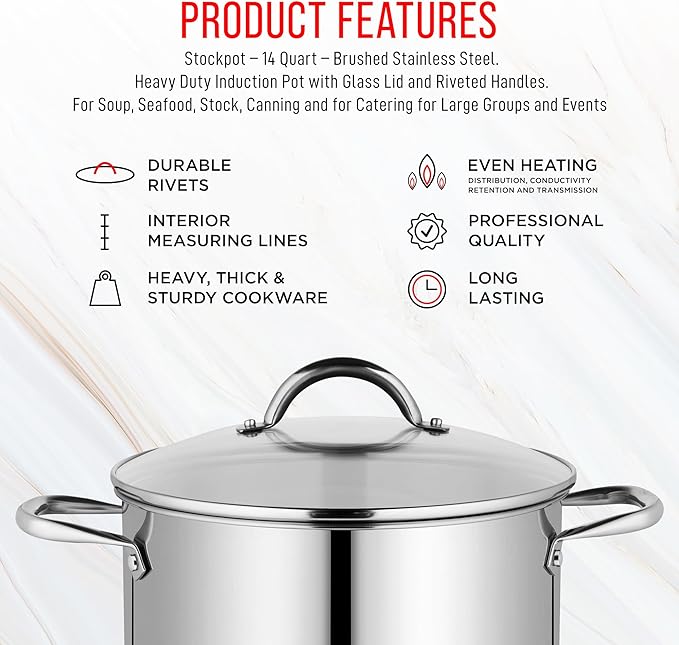 Stainless Steel Stockpot with Tempered Glass Lid 14 Quart, Durable 18/0 Stainless Steel, Impact-Bonded Base for Even Heating, Riveted Handles, Oven & All Stove Compatible, Safe Up To 500°F (260°C)