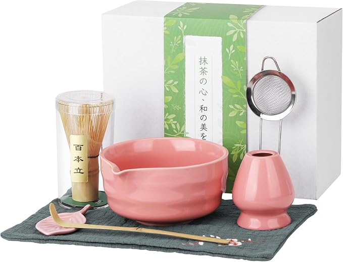 Matcha Whisk Set, Traditional Matcha Kit Includes Matcha Bowl, Bamboo Whisk with Holder, Scoop, Scoop Rest, Sifter, and Tea Cloth – 7 Piece Matcha Gift Set for Tea Enthusiasts