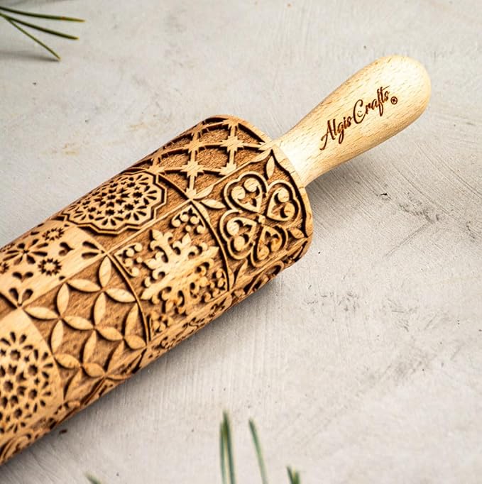PORTUGUESE TILES Embossed Rolling Pin for Ceramic. Clay Roller and Ceramic Stamp for Embossing Pottery. Baking Gifts for Women by Algis Crafts for Embossed Cookies