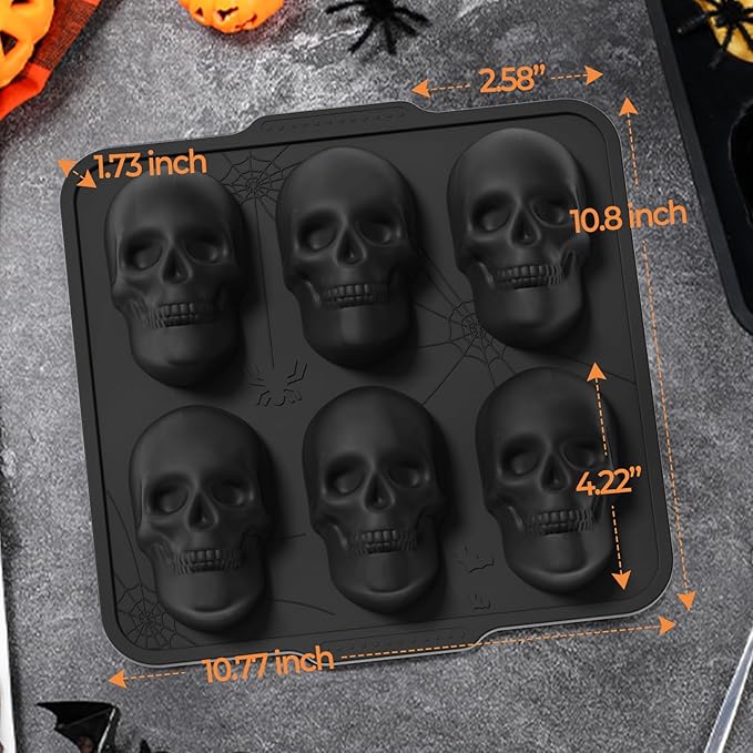 Metal Framed Silicone Skull Cake Pan - 6 Cavity Skull Baking Pan & Silicone Mold for Halloween Parties & Baking Fun | Food-Safe Non-Stick Ice Cube Tray, Cupcake Maker
