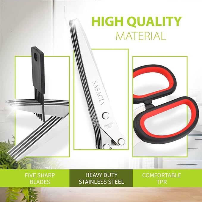 Herb Scissors with 5 Blades & Cleaning Kit, Stainless Steel Kitchen Shears for Herbs, Lettuce, Cilantro, Dishwasher Safe, Soft-Grip Handle