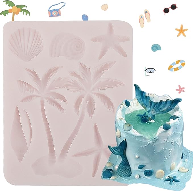 1pcs Coconut Tree Silicone Mold Starfish Shell Fondant Mold for Beach Ocean Theme Party Cake Decoration Chocolate Candy Flower Paste DIY Plaster Epoxy Polymer Clay Crafts
