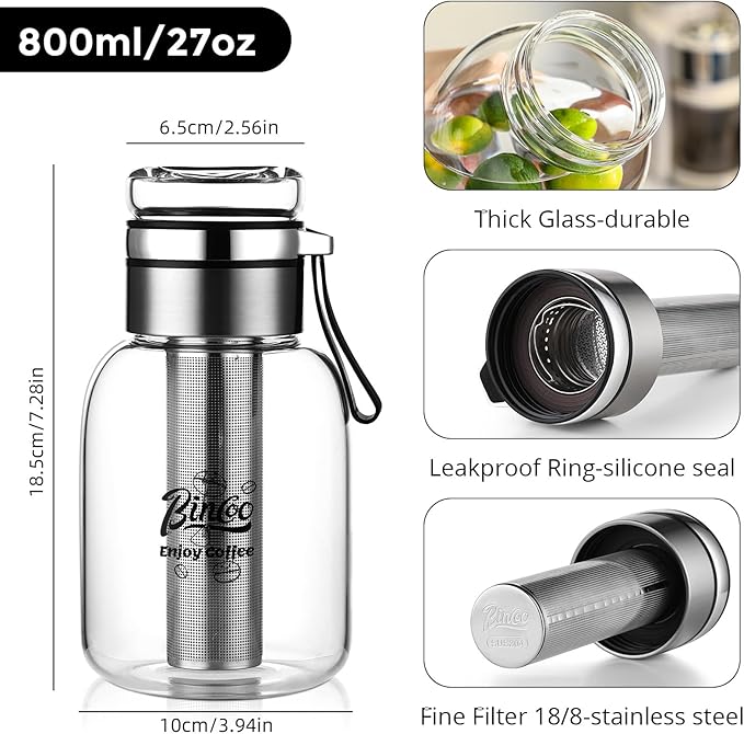 Glass Cold Brew Coffee Maker with Extended Fine Mesh Filter, Tea Infuser Bottle Iced Coffee Maker with Thick Borosilicate Glas