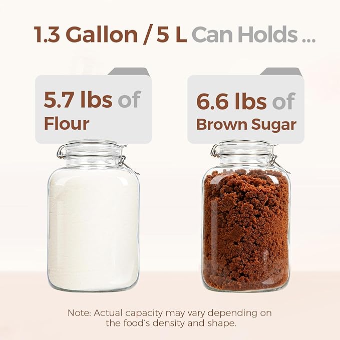 ComSaf Rice Container 152oz, Flour Sugar Storage Containers, Glass Jars with Airtight Lid, 1.17 Gallon Mason Jar, Large Storage Containers with Lids for Pickled Egg, Pasta, Cereal, Beans, Set of 2