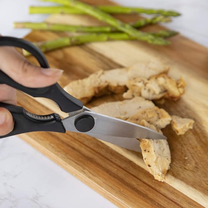 Rae Dunn Kitchen Scissors- Stainless Steel Kitchen Shears, Cooking Scissors for Cutting Meat, Chicken, Herbs and Produce with Blade Cover and Soft Grip Handles (Black)