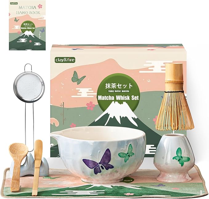Clay&Fire Matcha Whisk Set，9 Pcs Ceramic Matcha Set, 15 OZ Matcha Bowl with Spout and Whisk，Matcha Kit for Friend, Ideal Gift for Matcha Lover（Butterfly）