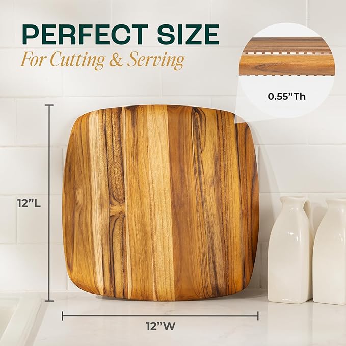 Yes4All Teak Cutting Boards for Kitchen, [12"x0.6"Thick] Easy Handle Serving Board, Pre-Oiled Teak Wood Charcuterie Board, Multipurpose use for Slicing, Serving, Decorating Wood Cutting Board