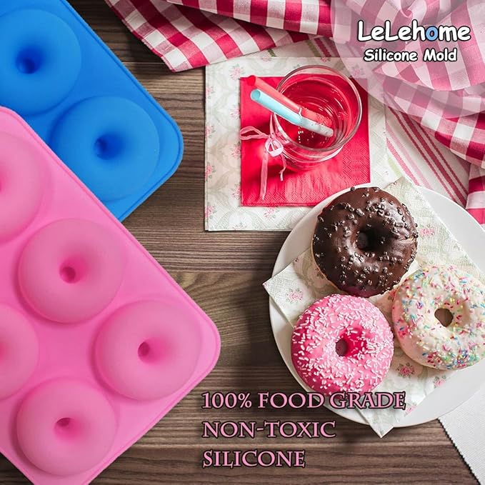 LeLehome 2PCS Donut Molds Pan, Silicone Non-Stick Donut Maker for Doughnut Baking Semi Sphere Cake Bread 6 Holes Bakeware Kitchen Tools, Pink & Blue