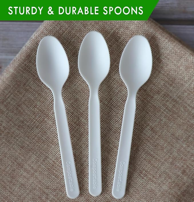 GreenWorks 200 Count Heavy-duty Compostable spoons, BPI Certified Large Disposable Flatware Utensils Spoon