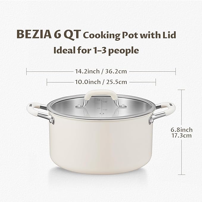 6 Quart Tri-Ply Stainless Steel Stock Pots with Lid, BEZIA Induction Soup Pot with Lid, Kitchen Cooking Pots with Silicone Handle, Compatible with All Cooktops, Free of PTFE/PFOA/PFOS