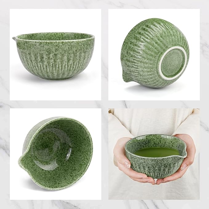 10-Pcs Matcha Kit Set, Whisk and Bowl with Spout & Measuring Spoon, Japanese Tea Making Tools, Complete Matcha Gift Set for Starter, Mottled Green
