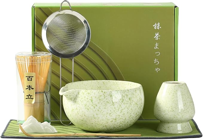 Matcha Whisk Set, Ceramic Matcha Set with Spout, Matcha Bowl Kit with Sifter, Whisk and Holder, Bamboo Scoop, Scoop Rest, Tea Towel, 7 Pcs Matcha Kit Set for Making Breakfast/Latte for Matcha Lovers