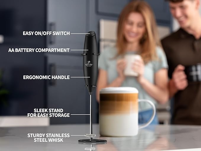 Zulay Premium Gift Milk Frother Set – Handheld Coffee Frother with Stand, 12oz/350ml Frothing Pitcher + 4 Latte Art Stencils – 13,000 RPM Motor, SS Whisk, Battery Operated – Barista Kit (Exec Black)