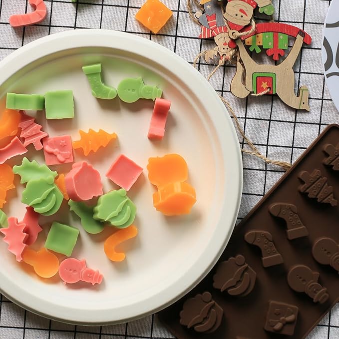 Chocolate Molds Silicone Christmas, Small Silicone Molds with 6 Shapes of Santa/Stockings/Tree/Candy Cane/Snowman/Xmas Box, Mini Candy Mold for Gummy/Fudge/Jelly/Fruit Snacks, 2 Pcs