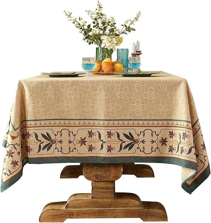 patdrea Designer French Linen Extra Long Tablecloth for Rectangle Table,Beige Anti-Wrinkle Floral Farmhouse Table Cloth,Decor Covers for Kitchen Dining,Party,Christmas,Thanksgiving,67"x118"-Fram