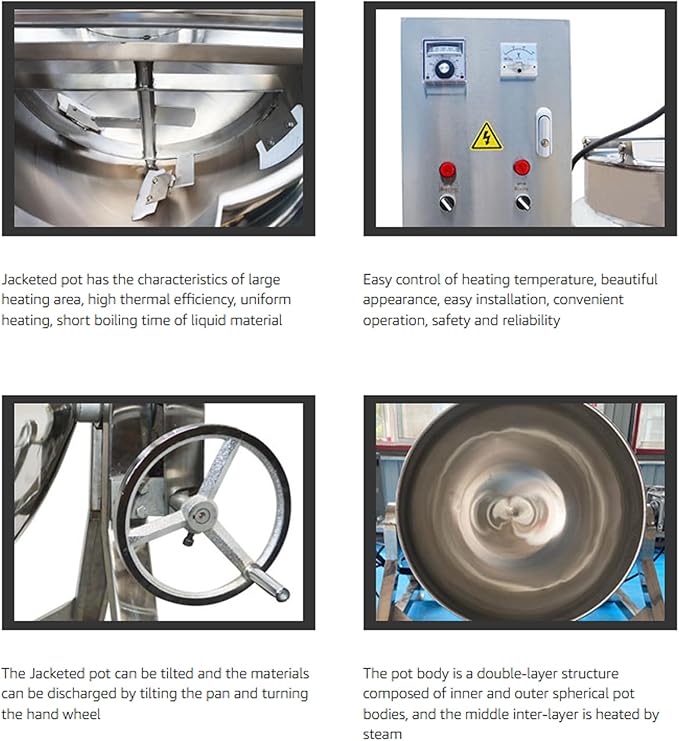 13.2Gallon/50L Jacketed Kettle Large Electronic Tilting Sugar Jam Gas Boiling Machine Commercial Electric Jacketed Pot with Stirring and Edge Scraping 220V 60HZ Three-phase 750W