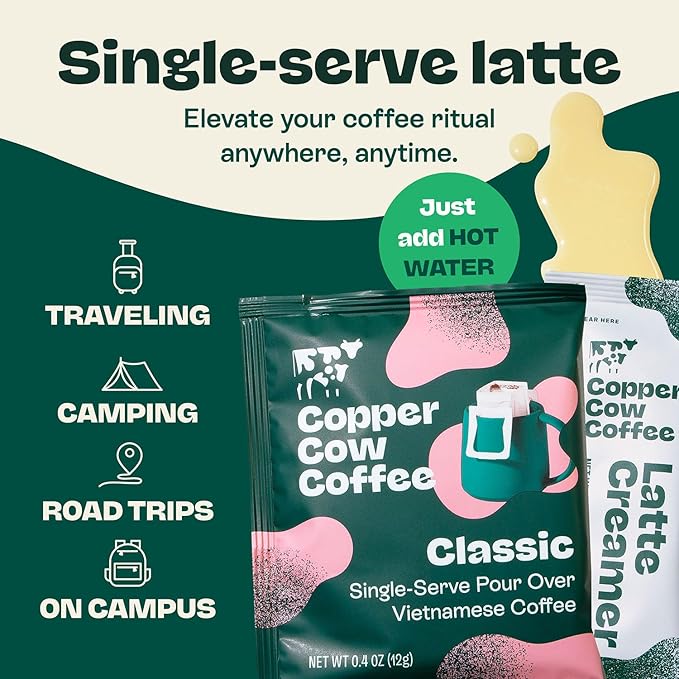 Copper Cow Premium Vietnamese Coffee Variety Pack (15 Coffees & 15 Creamers)| Classic Black, Churro, & Vanilla Latte | Pour Over Single-Serve Lattes, No Refrigeration Needed, Travel Friendly