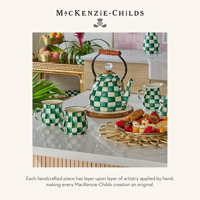 MACKENZIE-CHILDS Large Kitchen Canister, Decorative Glass Storage Jar with Lid, Green-and-White Emerald Check