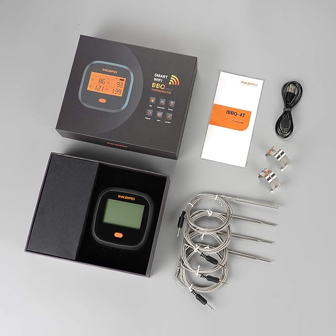 INKBIRD WiFi Meat Thermometer IBBQ-4T, Wireless WiFi BBQ Thermometer for Smoker, Oven | APP Calibration Temp Graph | Mobile Notification Timer Alarm | Rechargeable Digital Grill Thermometer, 4 Probes