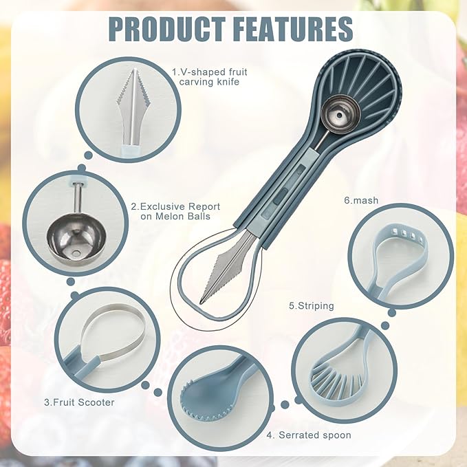 Melon Baller Scoop Set, 6 in 1 Fruit Cutter, Fruit Carving Tools Watermelon Cutter Dig Pulp Separator Kiwi Cutter Tools Avocado Knife & Pitter(bule)