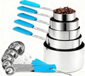 Measuring Cups and Spoons Set, Stainless Steel 10 Piece for Cooking and Baking (5 Cups + 5 Spoons, Light Blue Handle)