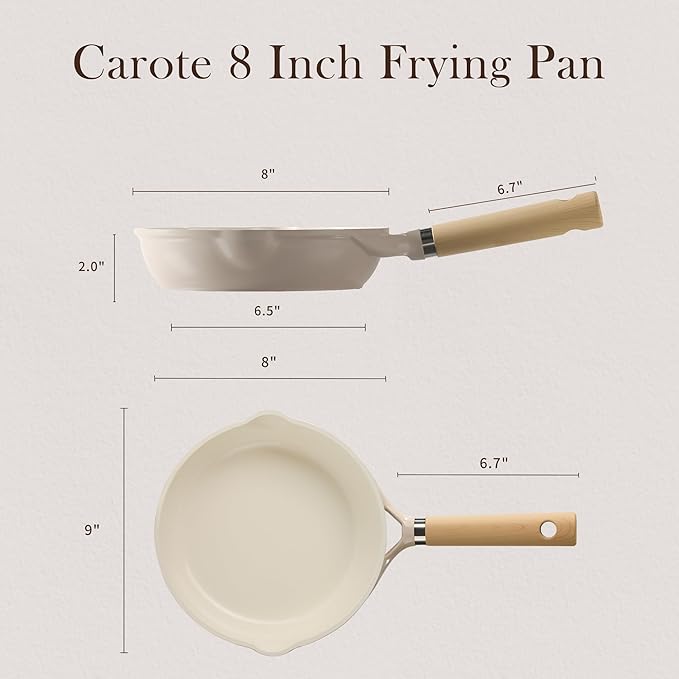 CAROTE 8" Ceramic Frying Pan Skillet, Non Stick Frying Pan Chef's Pan, Healthy & PFOA/PFAS Free, Induction-Compatible, Taupe