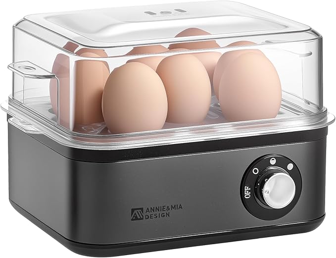 Annie & Mia Design Electric Egg Cooker, Stainless Steel 8 Egg Capacity egg boiler, 500W, Hard, Medium, Soft Boiled Egg Poacher, egg steamer, Multi-function, Knob Auto Shut-Off Function (Black)