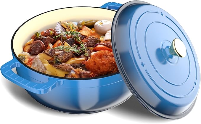 VINGLI 7.5QT Enameled Cast Iron Round Dutch Oven Pot with Lid, NonStick Casserole Pot with Dual Handles & Silicone GlovesRed, Oven Safe up to 500°F or on Stovetop, Dutch Oven for Bread Baking, Blue