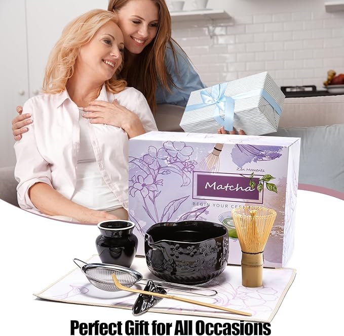 Matcha Whisk Set - Traditional Japanese Handmade Bamboo Matcha Whisk and Holder, Matcha Bowl,Bamboo Scoop, Scoop Rest, Sifter and Tea Towel (Black)