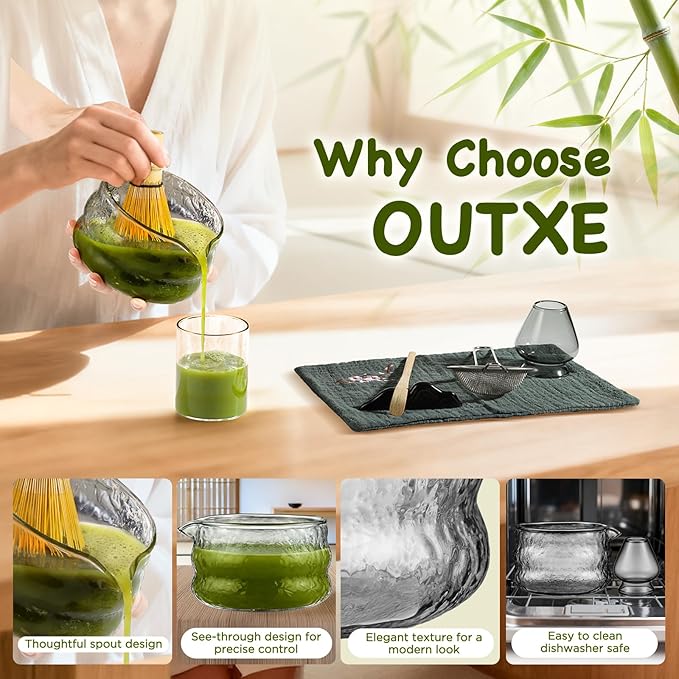 OUTXE Matcha Whisk Set, 7 PCS Matcha Kit for Ceremony, with Clear Matcha Bowl, Spout, Bamboo Whisk& Holder, Stainless Steel Sifter, Japanese Ceremonial Gift for Family/Friend/Macha Lover Starter